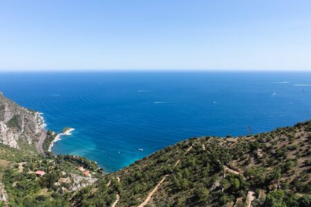 French Riviera with road, turquoise sea and villa from the top of mountain. France, Europeの写真素材