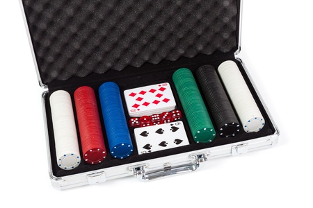 Poker set in metal suitcase isolated on whiteの写真素材
