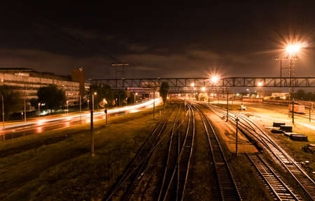 Night long exposure shot on railroad trackの写真素材