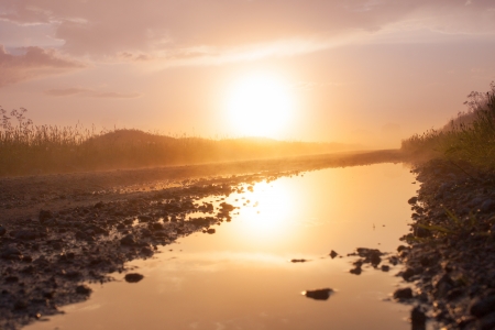Magic fog over rural road with mud and puddlesの写真素材