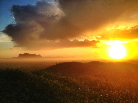 Sunset over foggy fieldの素材