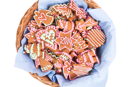 Homemade new year cookies with 2014 number - heart shape. Isolated on white backgroundの写真素材