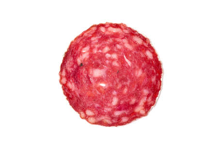 Slices of salami sausages isolated on a white backgroundの写真素材