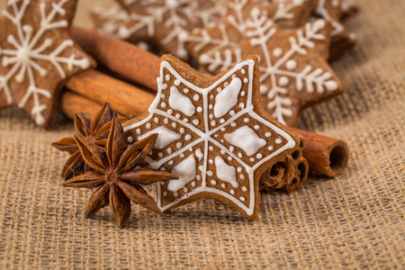 Christmas gingerbread cookies and spices on fabric backgroundの写真素材