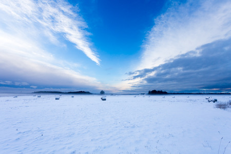 Farmland field under snow - rural nature winter landscapeの写真素材