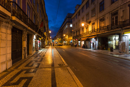 LISBON, PORTUGAL - September 13, 2014: Rua da Prata street at night in Lisbon, Portugalのeditorial素材