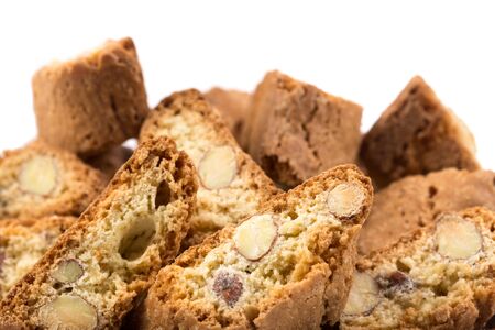 Italian cantuccini cookie with almond filling. Studio shot, isolated on white background.の写真素材