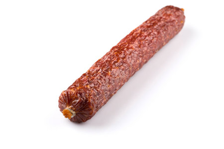 Smoked sausage. Top view. Isolated on a white.の写真素材