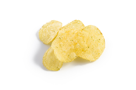 Prepared potato chips snack closeup view on white backgroundの写真素材