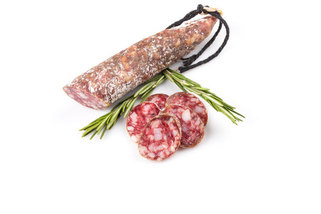 slices of salami isolated on a white backgroundの写真素材