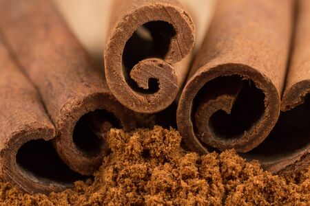 Cinnamon sticks with cinnamon powderの写真素材