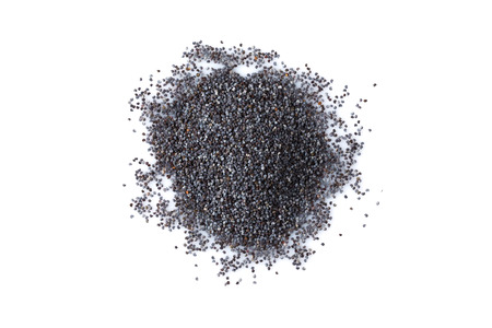 Poppy seeds heap close up isolated on white backgroundの写真素材