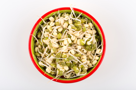 Pea seeds with sprouts in bowl close up macro shot top viewの写真素材
