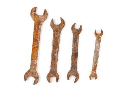 old rusty spanners isolated on white background