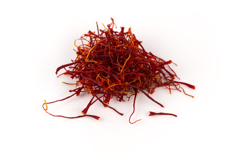 Dried saffron spice isolated on a white backgroundの写真素材