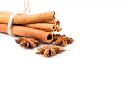 Stars of anise and cinnamon isolated on white background on white background