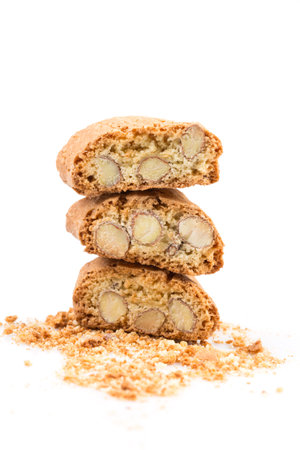 Italian cantuccini cookie with almond filling. Studio shot, isolated on white background.の写真素材