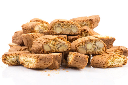 Italian cantuccini cookie with almond filling. Studio shot, isolated on white background.の写真素材