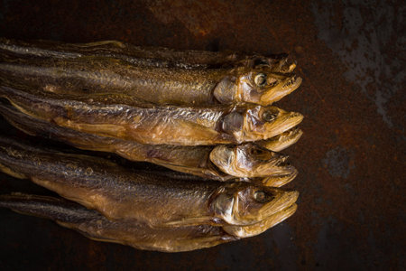 Dried fish. Salty dry river fish on a rusty metal plate background.の写真素材