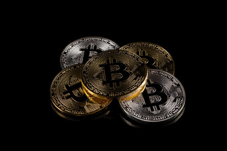 Physical version of Bitcoin coin aka virtual money. Cryptocurrency and digital paymentの写真素材
