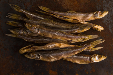 Dried fish. Salty dry river fish on a rusty metal plate background.の写真素材