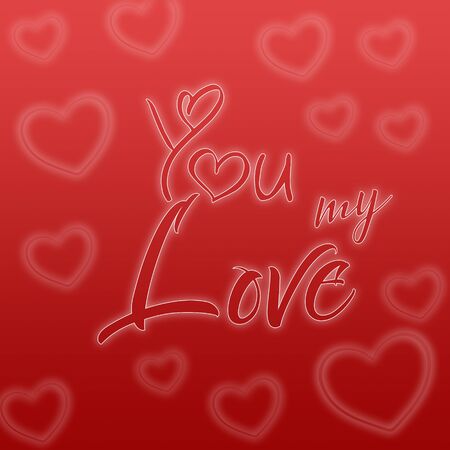 Valentines day illustration. Happy Valentine card with greetings. Lettering logo, calligraphy inscription with many hearts. Template card label poster emblem,  stamp graphics label. Hand drawn phraseの写真素材