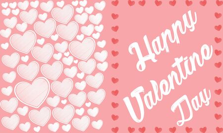 Valentines day illustration. Happy Valentine card with greetings. Lettering logo, calligraphy inscription with many hearts. Template card label poster emblem,  stamp graphics label. Hand drawn phraseの写真素材