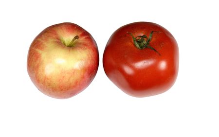 red tomato and apple on white backgroundの写真素材