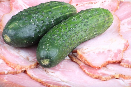 two cucumber on ham meatの写真素材