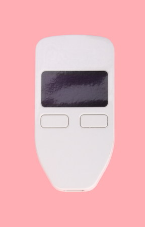 Hardware currency wallet isolated on pink backgroundの写真素材