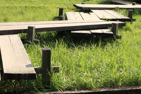 wood bridge in japan garden at dayの写真素材