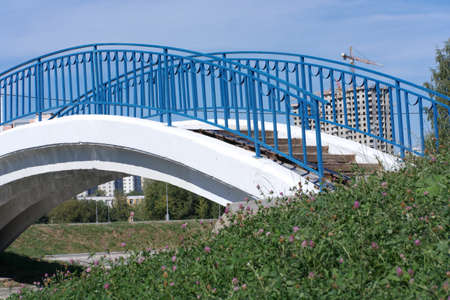 bridge over pond in park at dry sunny summer dayの写真素材