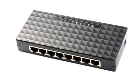 black 8 Port Plastic Ethernet Switch isolated on white background at dry day