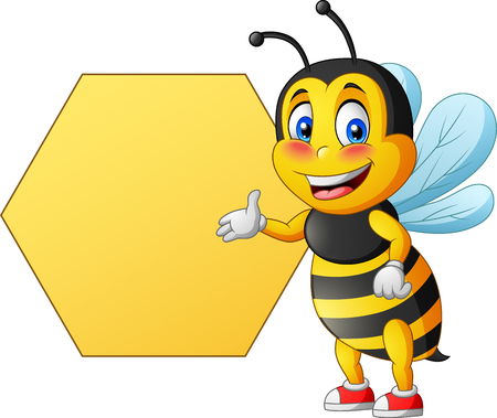 Cartoon cute bee pointing to signboard. vector illustrationのイラスト素材