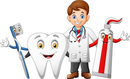 Happy doctor cartoon, teeth, toothpaste and toothbrushes. vector illustrationのイラスト素材