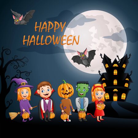 Halloween Background. Set of cute cartoon children in halloween costumes. Vector illustrationのイラスト素材