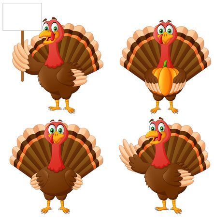 Set of Cartoon Thanksgiving Turkey Bird Mascot Character. Vector Illustrationのイラスト素材