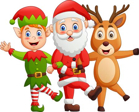 Funny cartoon characters, Santa Claus,deer, elves, dancing style. Vector illustrationのイラスト素材
