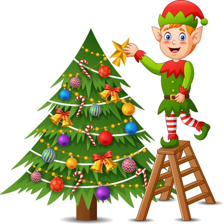Elf cartoon decorating a Christmas tree. Vector illustrationのイラスト素材