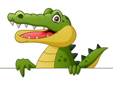 Crocodile cartoon with signboard. Vector illustrationのイラスト素材