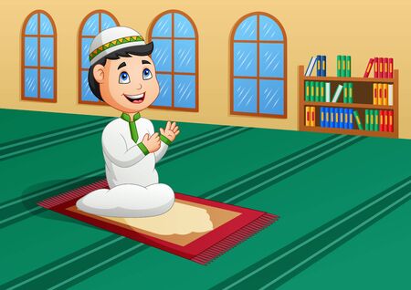 Muslim Kid Praying in Mosque. Vector illustrationのイラスト素材