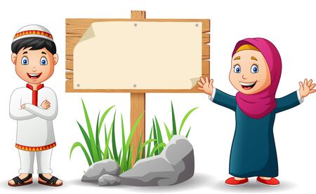 Muslim kids and blank wooden signs.Vector illustrationのイラスト素材