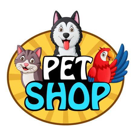 Pets shop logo with dog, cat and parrot. Illustrationの写真素材