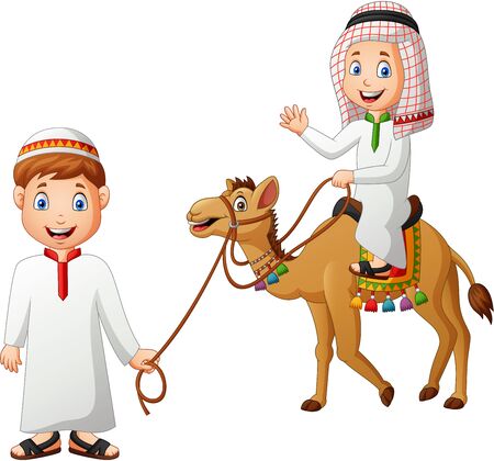 Arabic cartoon tour guide and kid riding a camel. Illustrationの写真素材