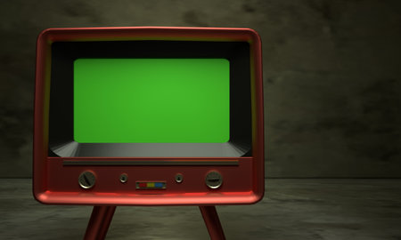 Vintage TV Television Green Screen, widescreen old television vintage style, 3D Rendering.の写真素材