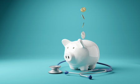 Piggy bank with stethoscope. Money box with falling coins. moneybox saving for medical insurance costs concept, 3D renderingの写真素材