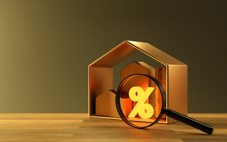 magnifying glass and Percentage investment house mock up and money. Real estate business mortgage investment and financial loan concept. real estate property, studio shot, 3D renderingの写真素材