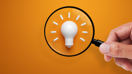 Light bulb with magnifying glass, find ideas concept, 3D render