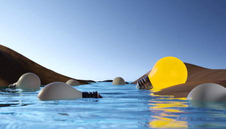 Thought light bulbs left at the beach, 3D render