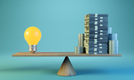 Light bulb Idea and a lots of money on seesaw. Real estate business mortgage investment and financial loan concept. real estate property, 3D renderingの写真素材